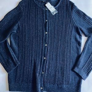Brooks Brothers Women’s Large Cabled Cardigan Deep Blue w Silver Threads NWT